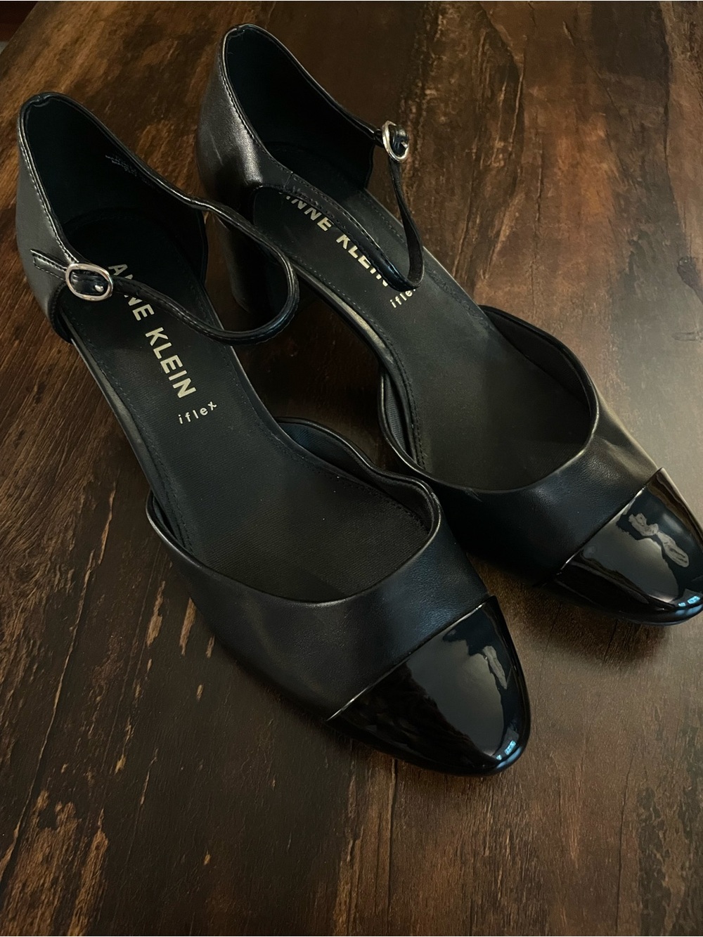 Anne Klein Black D'Orsay Patent Cap-Toe Ankle Strap Heels